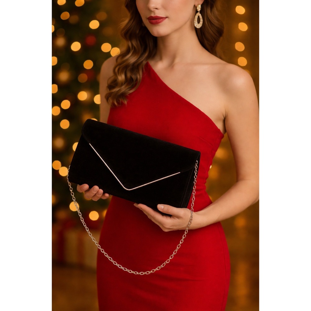 Black Velvet Envelope Clutch Purse with Silver Chain Strap Formal Bag Unbranded - Picture 2 of 8